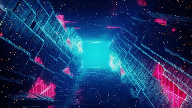 Futuristic Abstract Geometric Corridor with Blue and Pink Glow