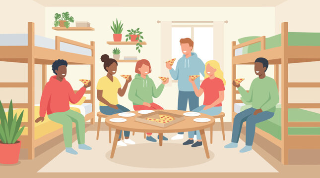 Happy diverse friends eating pizza together in a college dorm room.