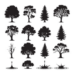 Fototapeta premium Diverse Tree Silhouettes and Water Splash Icons Set for Nature and Environment Design
