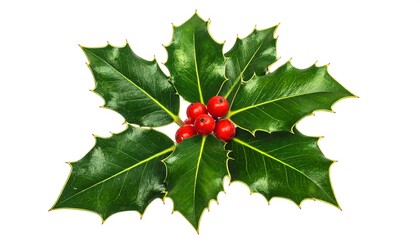 Close-up of glossy, green, spiky leaves arranged in a starburst, centered around vibrant red berries. Isolated