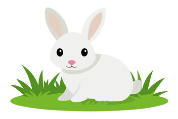 Fototapeta premium A cute white rabbit sitting on green grass with a plain white background