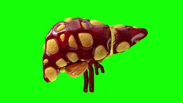Fatty liver disease and liver cancer concepts illustrate the anatomy of a damaged human liver with abnormal tissue or lumps of fat. for medical education. 3D render on green screen.