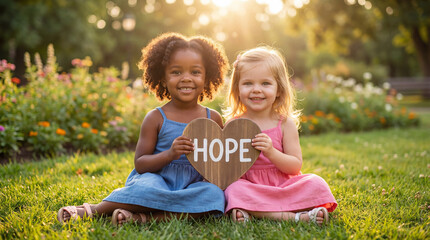 World Social Justice Day toddler girls sitting sharing HOPE heart sign celebrating friendship unity diversity outdoor sunshine for magazine cover editorial campaign awareness content