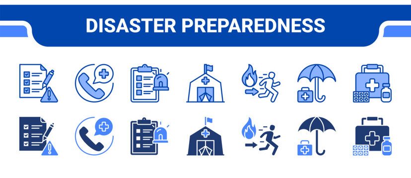 Disaster Preparedness Icon Collection,  featuring Preparedness, Emergency kit, Emergency plan, Emergency shelter, Fire escape, Relief, Support.