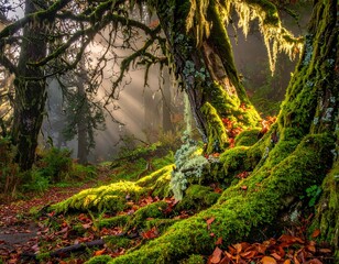 Lush forest scene with sunlight filtering through mossy trees