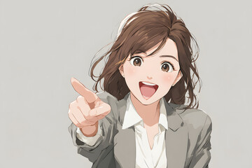 Cheerful young Japanese businesswoman pointing forward with a bright smile, anime style illustration