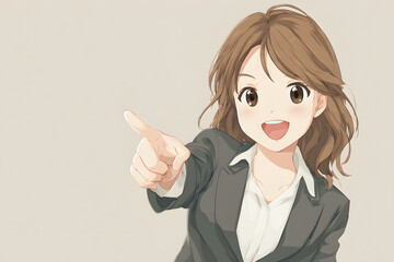 Cheerful young Japanese businesswoman pointing forward with a bright smile, anime style illustration