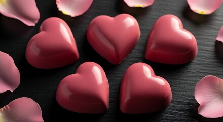 Obraz premium Gourmet chocolate hearts with delicate rose petals arranged on a dark slate surface, a sweet and romantic treat for special occasions