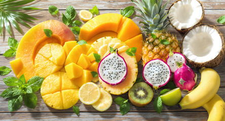 Assorted Tropical Fruits with Fresh Mint Leaves on Bright Summer Background