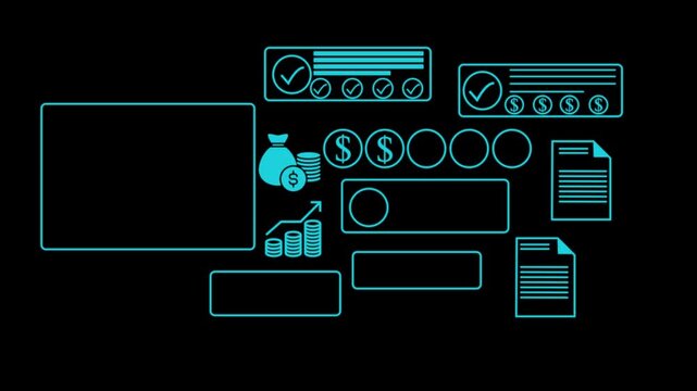 Animation diverse group of professionals collaborating on product planning with surrounded by digital financial icons and documents, emphasizing teamwork. animation on the dark background.4k video.