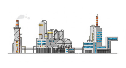 Obraz premium Modern industrial factory complex with multiple buildings and smokestacks.