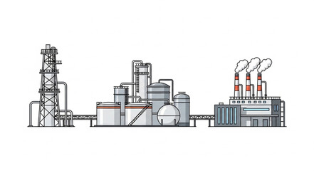 Industrial factory complex with smokestacks emitting steam.