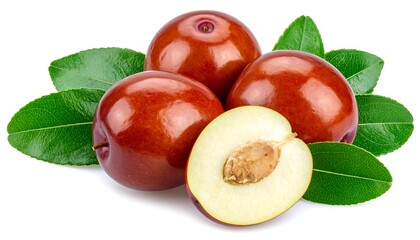 Close-up of glossy, round, reddish-brown fruits with vibrant green leaves; one fruit is sliced open, revealing a beige interior and a pit