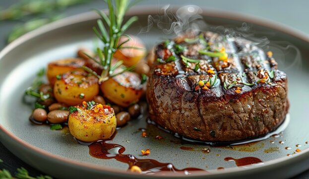 Steaming grilled steak with roasted potatoes, beans, and fresh herbs on a rustic plate