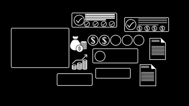 Animation diverse group of professionals collaborating on JSD planning with surrounded by digital financial icons and documents, emphasizing teamwork. animation on the dark background.4k video.