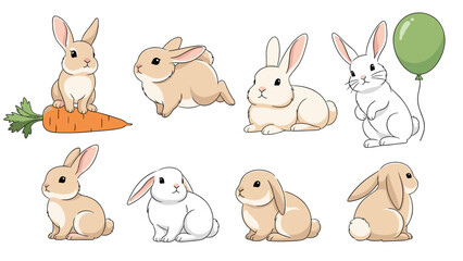 Obraz premium Adorable set of cartoon rabbits in various cute poses including sitting, hopping, eating a carrot, and standing with a green balloon.