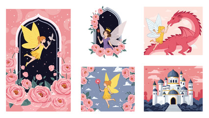 Fototapeta premium Set of magical fairy tale illustrations featuring beautiful fairies with wings, a majestic pink dragon, and an elegant white castle.