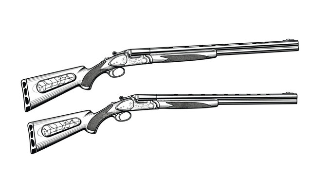 Detailed black and white vector illustrations of two classic double-barrel shotguns isolated on a plain white background for design.