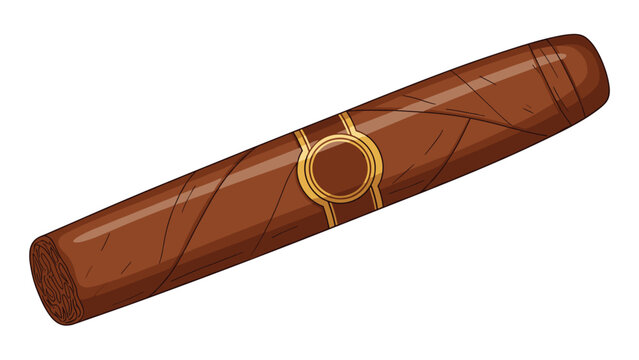 Realistic illustration of a premium brown cigar wrapped in tobacco leaves with a decorative gold band isolated on white background.
