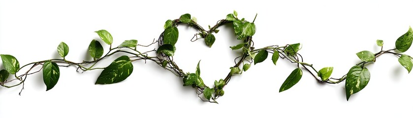 A green vine with heart-shaped leaves stretches horizontally against a white background, symbolizing nature, growth, and love.