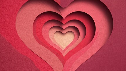 A textured, layered heart design in shades of pink and red creating a 3D tunnel effect symbolizing love and depth.