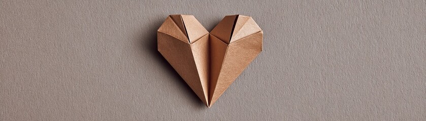 A brown origami heart made from folded paper sits on a textured, neutral-colored background.