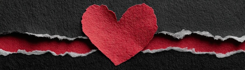 A red heart is revealed through torn black paper, symbolizing love breaking through barriers or hidden emotions.