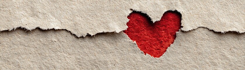 A red heart shape appears behind torn beige paper, symbolizing hidden love or emotions beneath a rough exterior.