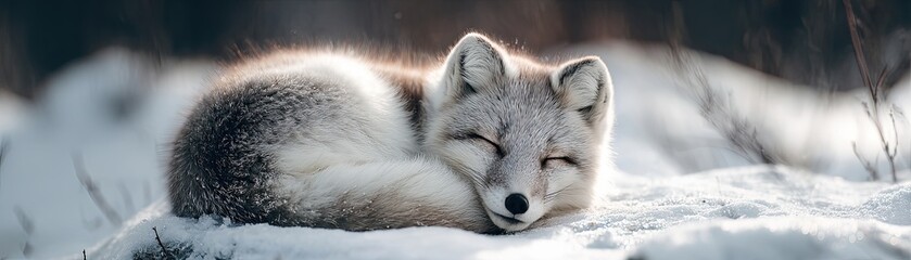 A small, fluffy fox curled up and sleeping peacefully in the snow, with soft light highlighting its fur against a blurred winter background.