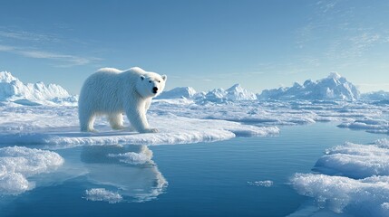 A polar bear stands on a melting ice floe amidst a vast icy Arctic landscape under a clear blue sky.