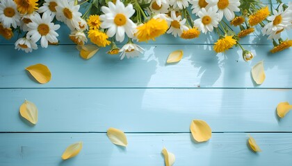 A bouquet of white and yellow flowers on a light blue wooden background with scattered petals