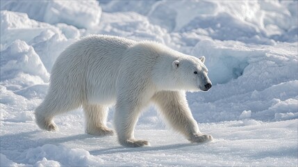 A polar bear walks across icy terrain in a cold Arctic environment, surrounded by snow and ice formations.