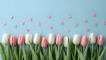 A beautiful arrangement of pink and white tulips with green leaves on a light blue background with small paper hearts