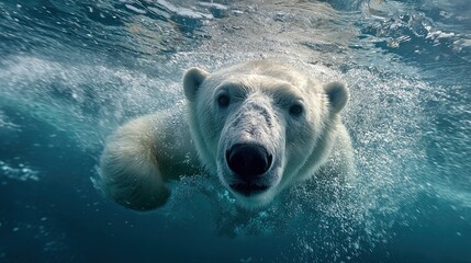 A polar bear swims underwater, surrounded by bubbles, showcasing its natural aquatic environment.