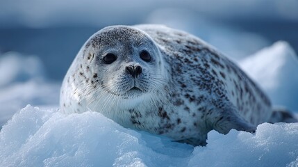A close-up of a spotted seal resting on icy blue snow in a cold, arctic environment.