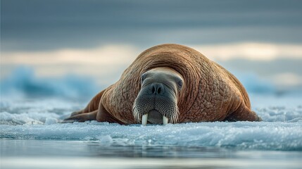 A walrus resting on icy terrain with tusks visible, set against a blurred cold seascape background.