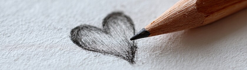 A close-up image of a pencil sketching a shaded heart on textured white paper.