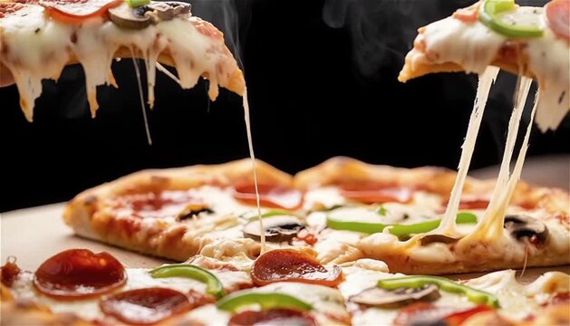 Mouthwatering pepperoni pizza with melted cheese pull and steam