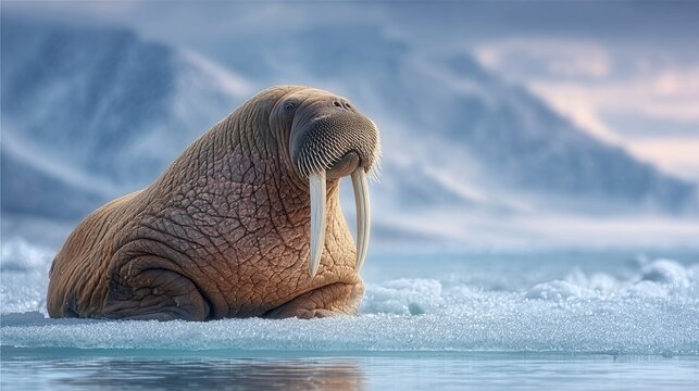 A large walrus rests on the icy Arctic shore with snow-covered mountains blurred in the background under a cloudy sky.