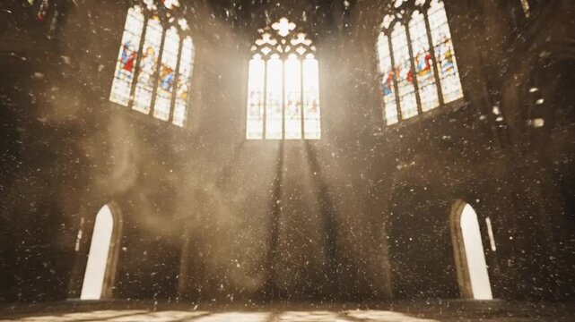 Sunlight streams through stained glass windows in a dusty, abandoned church interior with arches and rays