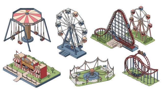 Detailed isometric illustrations of various amusement park attractions including roller coasters, a Ferris wheel, carousel, and game booths.