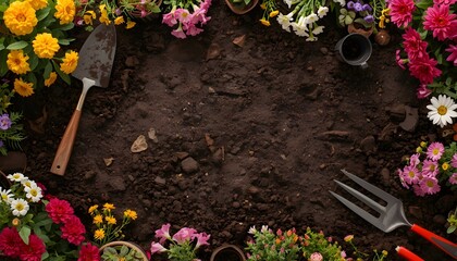 A vibrant garden scene with colorful flowers and gardening tools on fertile soil