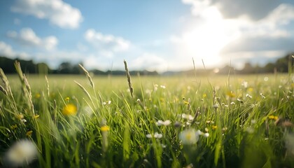 A serene landscape of a green meadow with wildflowers under a blue sky with fluffy white clouds