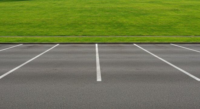 Empty parking lot with marked spaces in front of a grassy field on a sunny day