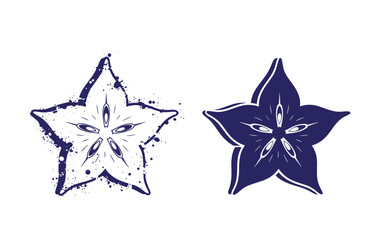 Grunge texture navy blue star shapes with white outlines and splatters on white background  abstract designs Vintage Style