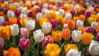 A vibrant field of colorful tulips swaying gently in the breeze on a sunny day