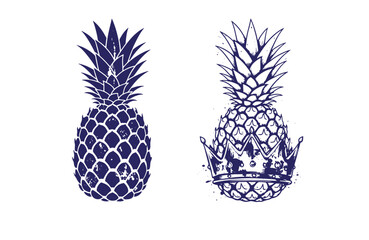 Grunge texture Pineapple fruit illustrations with crown wearing one on white background Vintage Style
