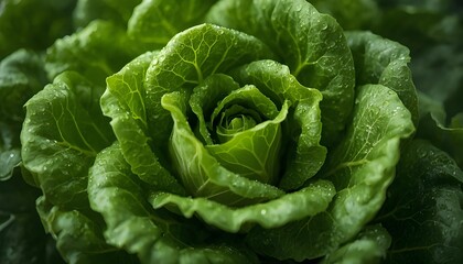 A vibrant green lettuce plant with crisp leaves and water droplets, showcasing its natural beauty and freshness.