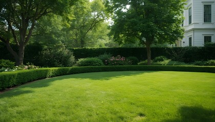 A well-manicured lawn surrounded by lush greenery and a white house in the background on a sunny day.