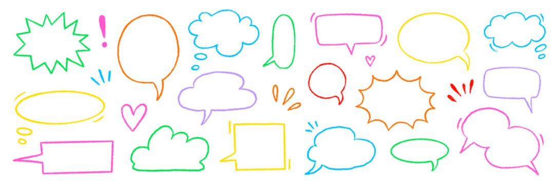 Speech crayon frame pastel set. Speech crayon frame hand drawn pencil line box bubble cloud background. Cartoon crayon chat doodle dialog painting texture sketch child design. Vector illustration.